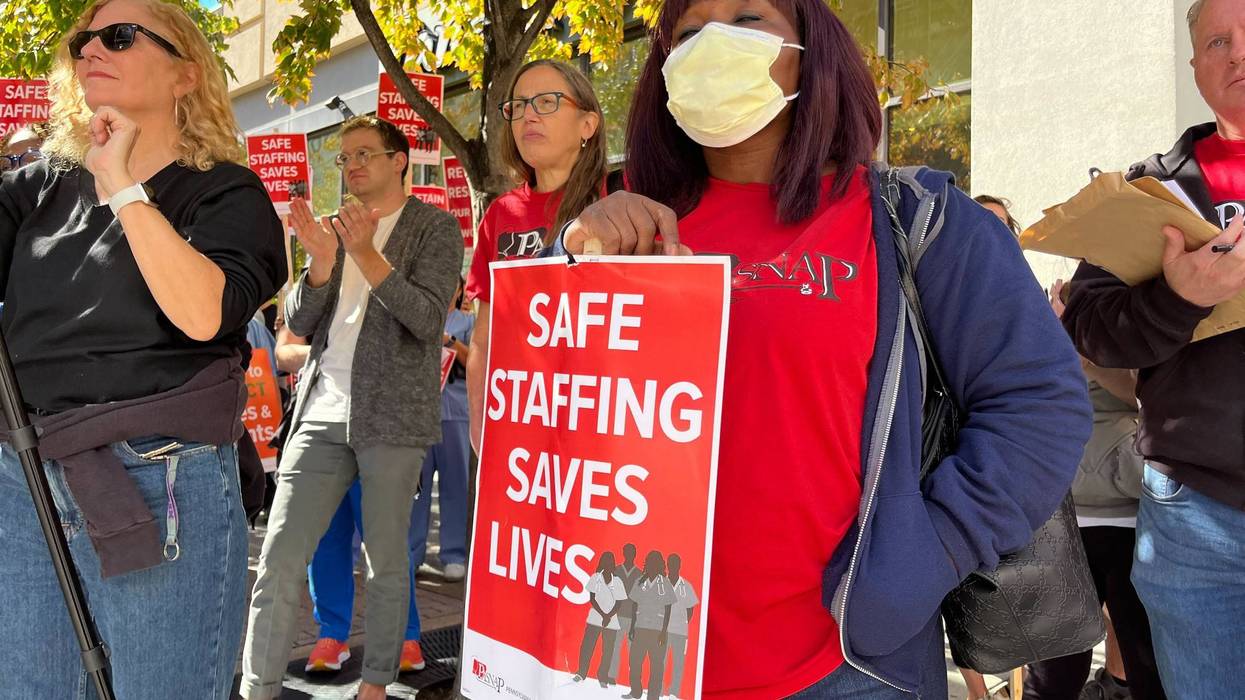 A member of a Temple University Health union asking for a better staffing level of nurses as part of their labor negotiations.