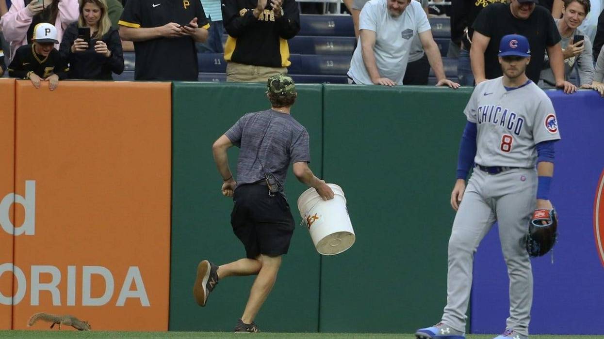 A member of the Pittsburgh Pirates ground crew chases a squirrel in the outfield as Chicago Cubs center fielder Ian Happ (8) looks on during the second inning at PNC Park on June 20, 2022, Pittsburgh, Pennsylvania.