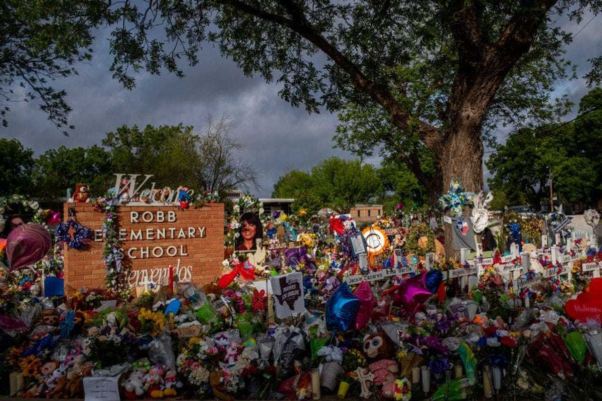A memorial dedicated to the 19 children and two adults killed on May 24th during the mass shooting at Robb Elementary School is seen on June 01, 2022 in Uvalde, Texas.