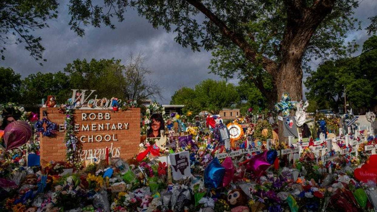 A memorial dedicated to the 19 children and two adults killed on May 24th during the mass shooting at Robb Elementary School is seen on June 01, 2022 in Uvalde, Texas.