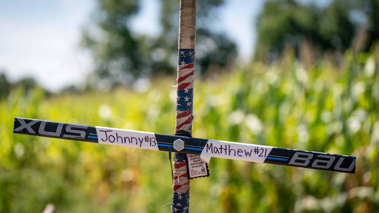 A memorial for Johnny and Matthew Gaudreau, who died last week when they were struck by a suspected drunken driver while riding bicycles, is shown in Salem County, New Jersey, on Sept. 4, 2024.