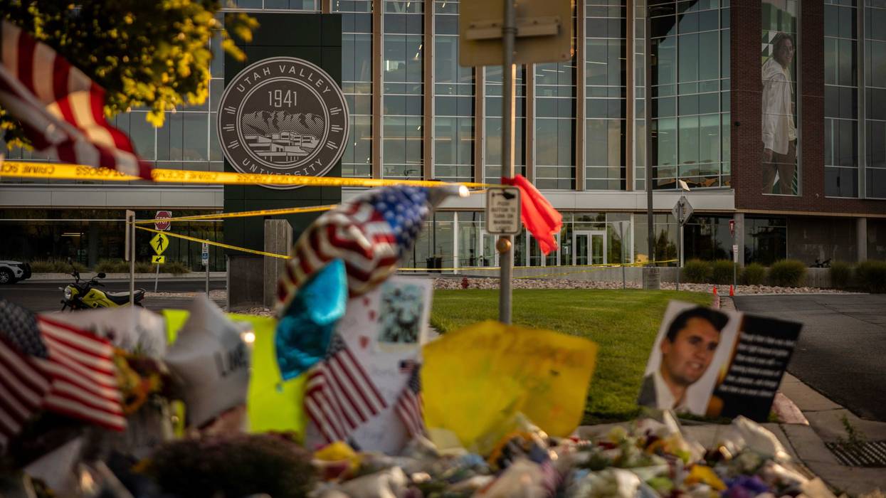 A memorial for political activist Charlie Kirk stands on the grounds of Utah Valley University on September 13, 2025 in Orem, Utah.