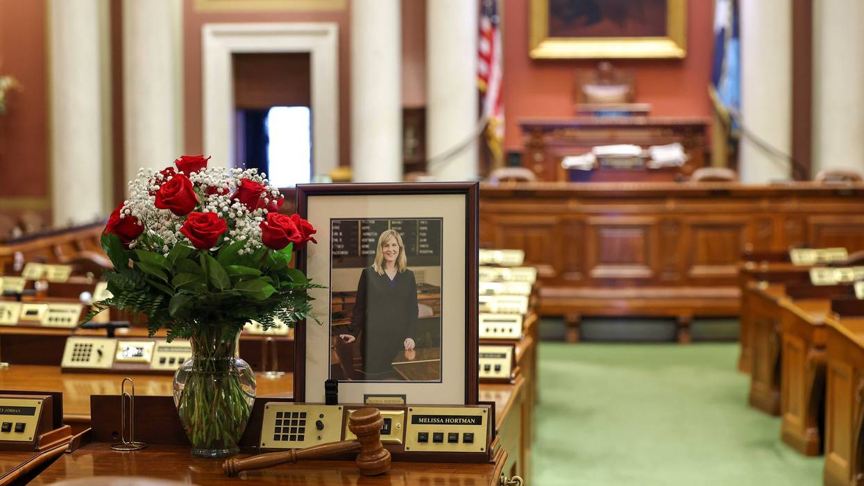 A memorial is seen on the desk of DFL State Rep. Melissa Hortman in the House chambers at the Minnesota State Capitol on June 16, 2025 in St. Paul, Minnesota.