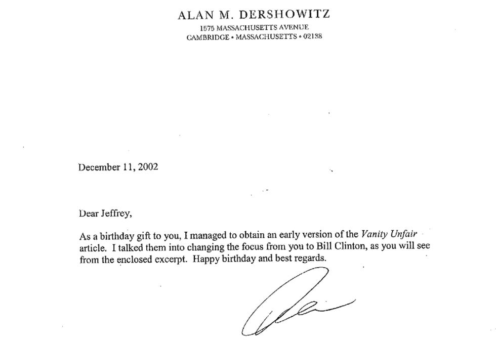 A message that a birthday book assembled for Jeffrey Epstein claims is from Alan Dershowitz.