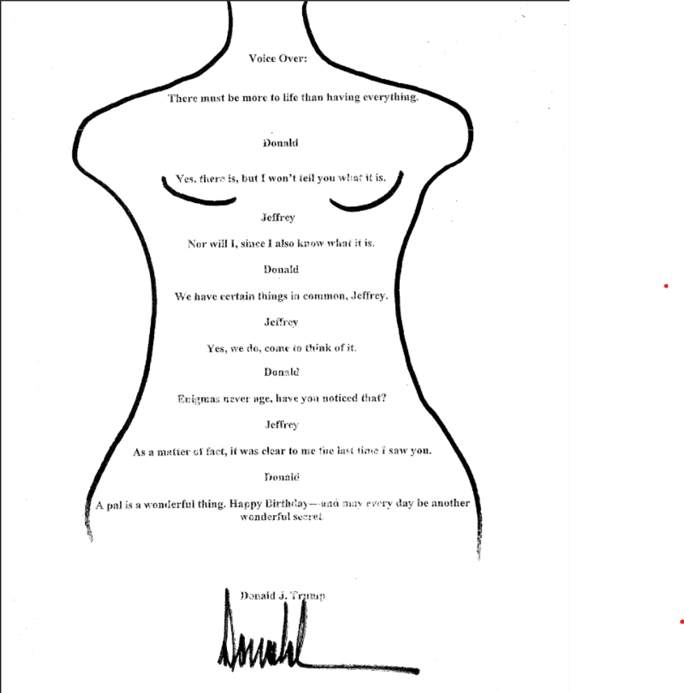 A message that a birthday book assembled for Jeffrey Epstein claims is from President Donald Trump.