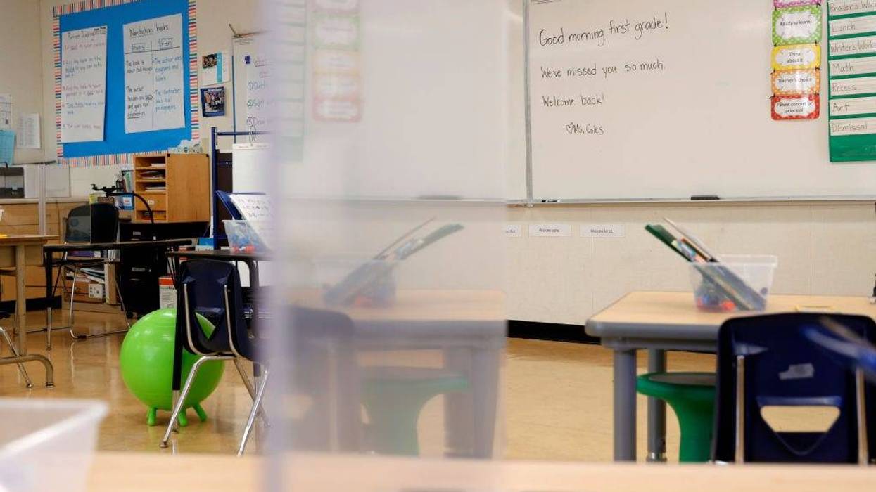A message welcoming students back to class is posted on a whiteboard in a first grade class at Bryant Elementary School on April 09, 2021 in San Francisco, California.