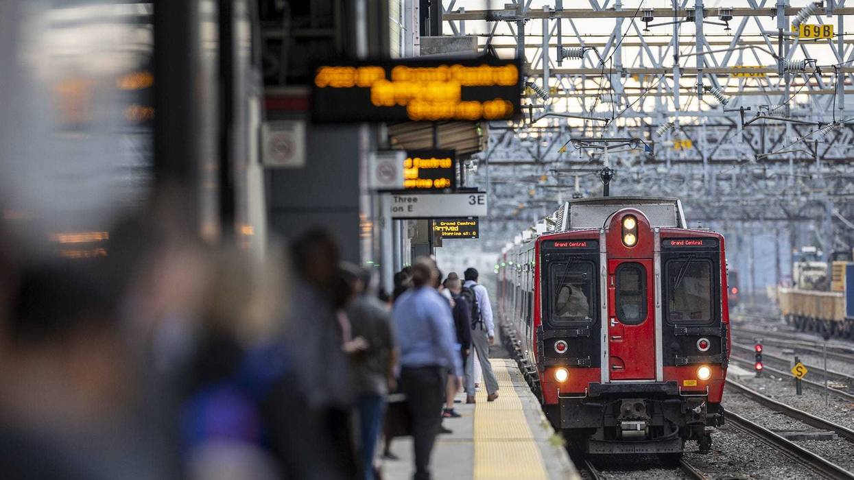 A Metro-North train approaches the Stamford Transportation Center in Stamford, Connecticut
