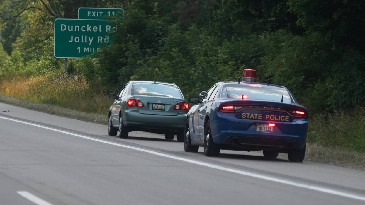 A Michigan State Police State Trooper makes a traffic stop.