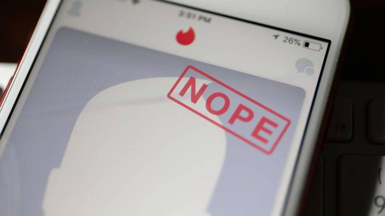 A mobile phone screen showing a dating app with the word "Nope"