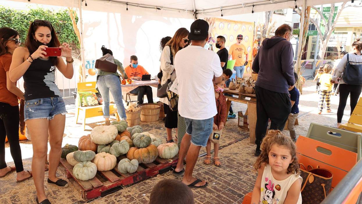 A mom takes pictures of her kids at a pumpkin patch