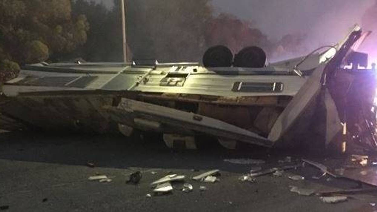 A motor home overturned in a collision on I-580 in Oakland on Aug. 5, 2019.