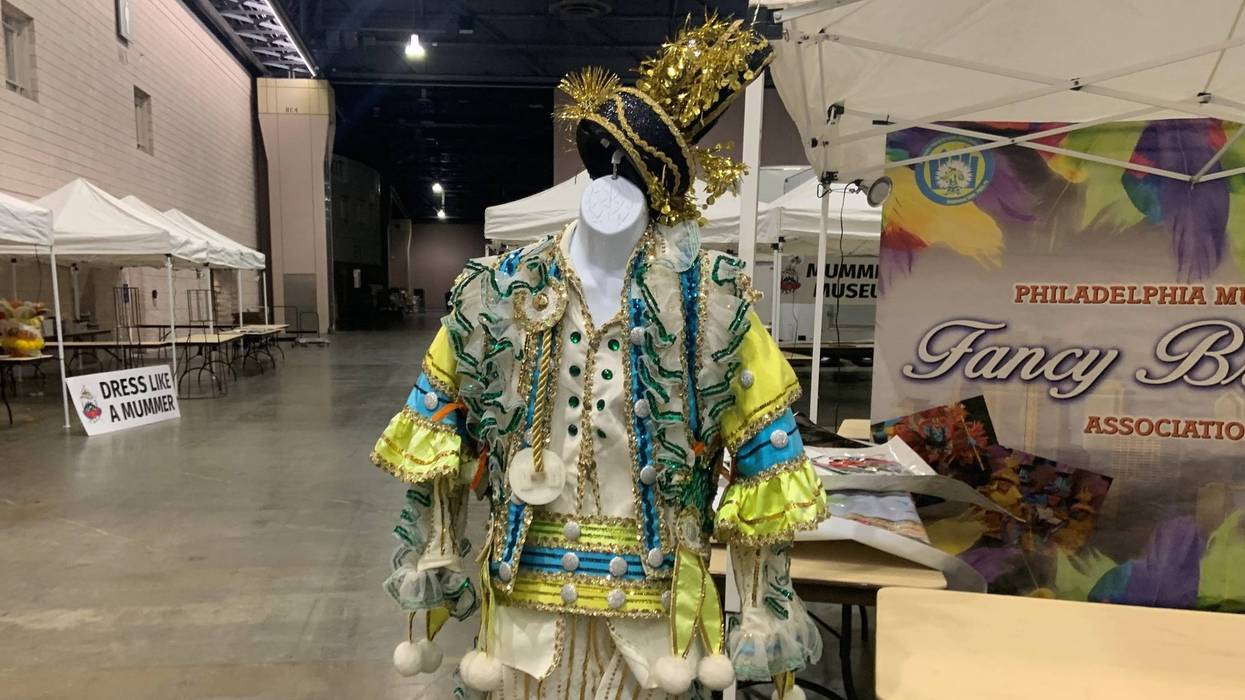 A Mummers costume being displayed during setup for the Mummers Fancy Brigade Finale, set for Sunday at 11:30 a.m. and 5 p.m.