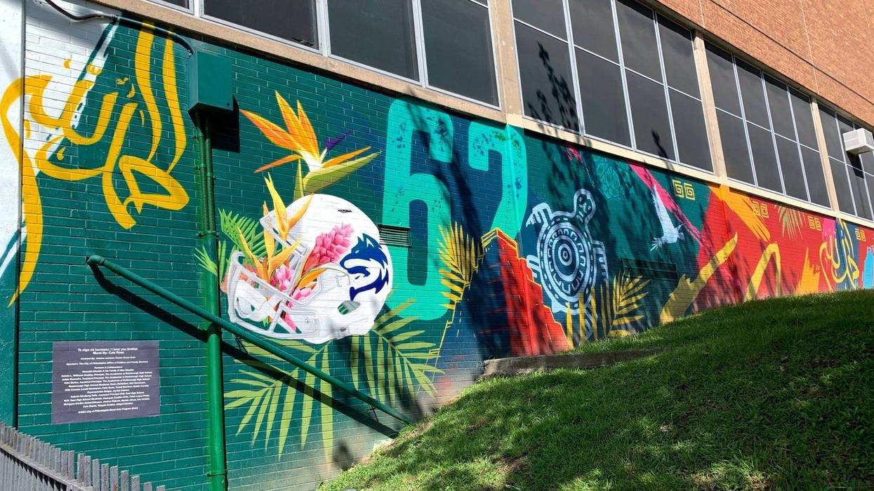 A mural honoring slain Saul freshman Nicolas Elizalde adorns a wall at Roxborough High School, where he played football.