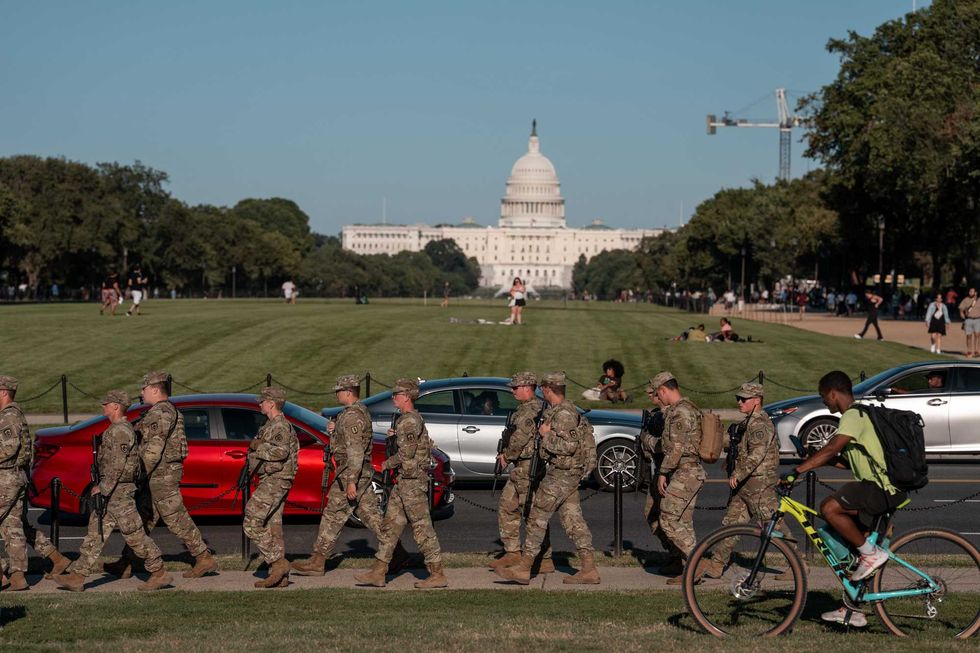 A National Guard unit patrols the National Mall on August 30, 2025 in Washington, D.C