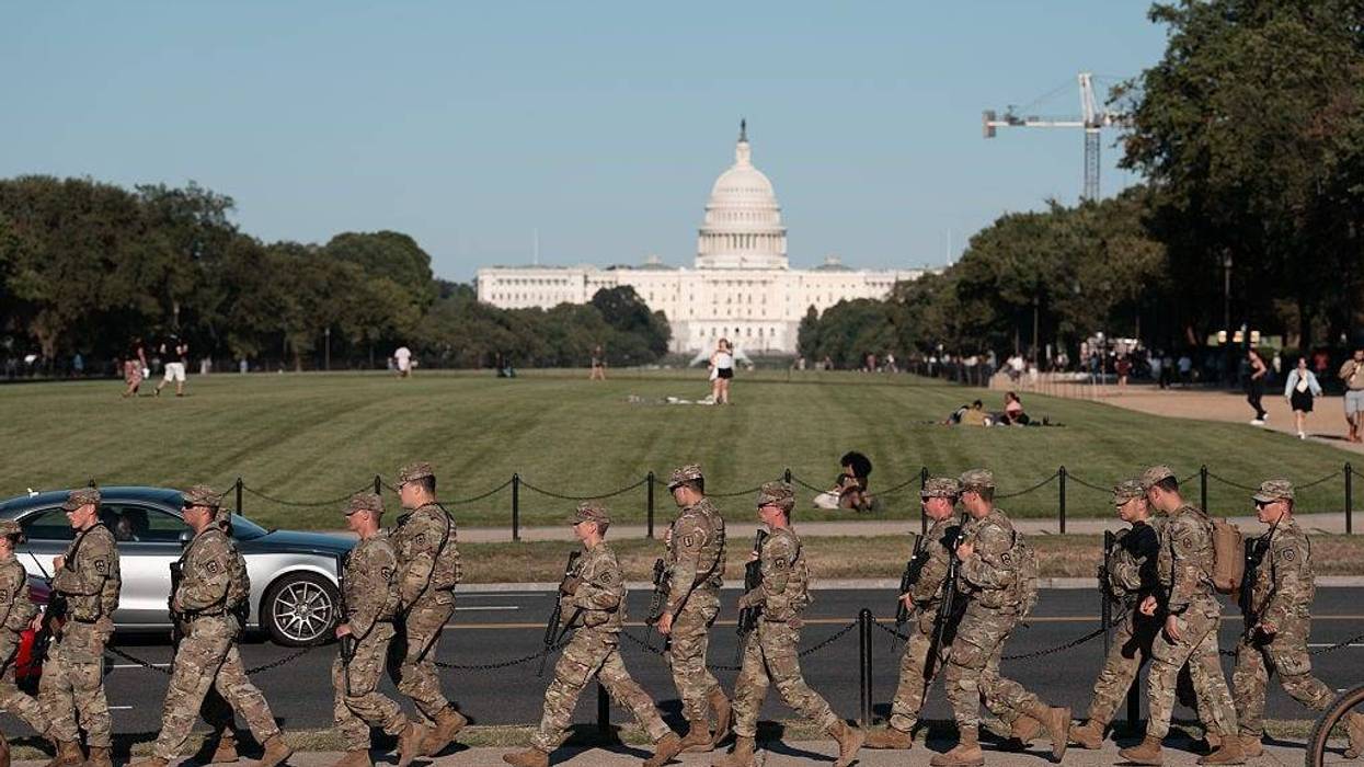 A National Guard unit patrols the National Mall on August 30, 2025 in Washington, DC.