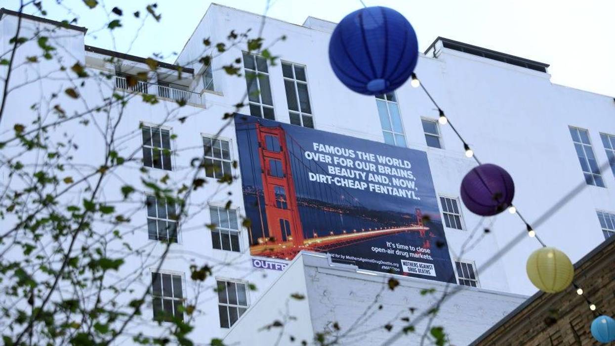 A new controversial billboard that warns against fentanyl is posted on the side of a building near Union Square on April 04, 2022 in San Francisco, California.