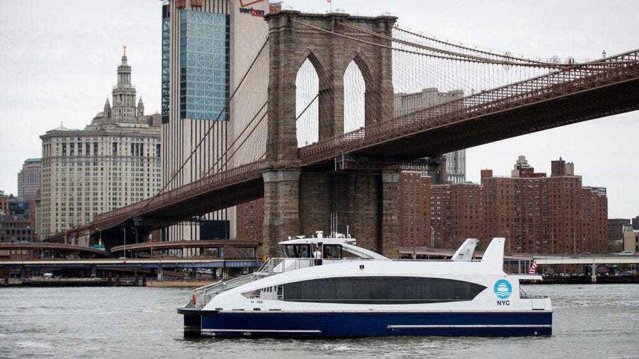 A new NYC Ferry boat arrives at Brooklyn Bridge Park for a dedication ceremony, April 17, 2017 in New York City.
