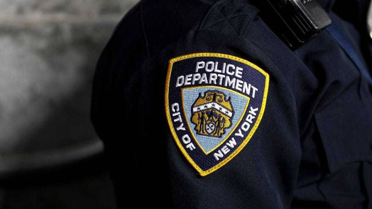 A New York City Police Department (NYPD) patch is seen on an officer's uniform at Yankee Stadium in the Bronx, New York.