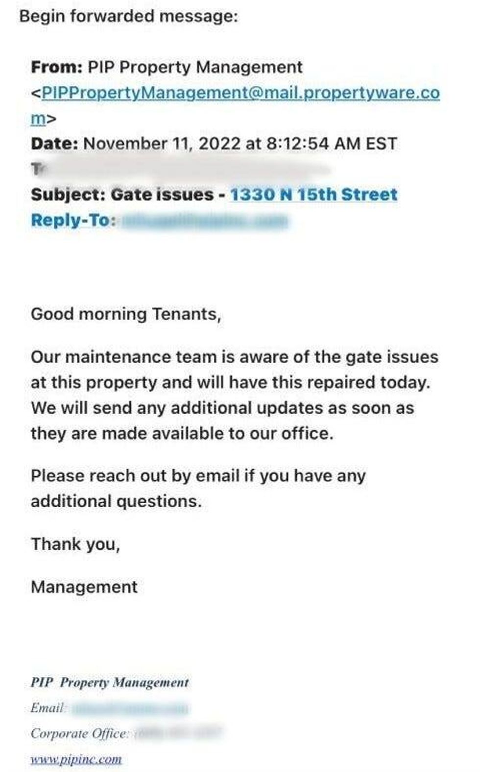 A next-door neighbor provided a screenshot of an email the building management company had sent to her