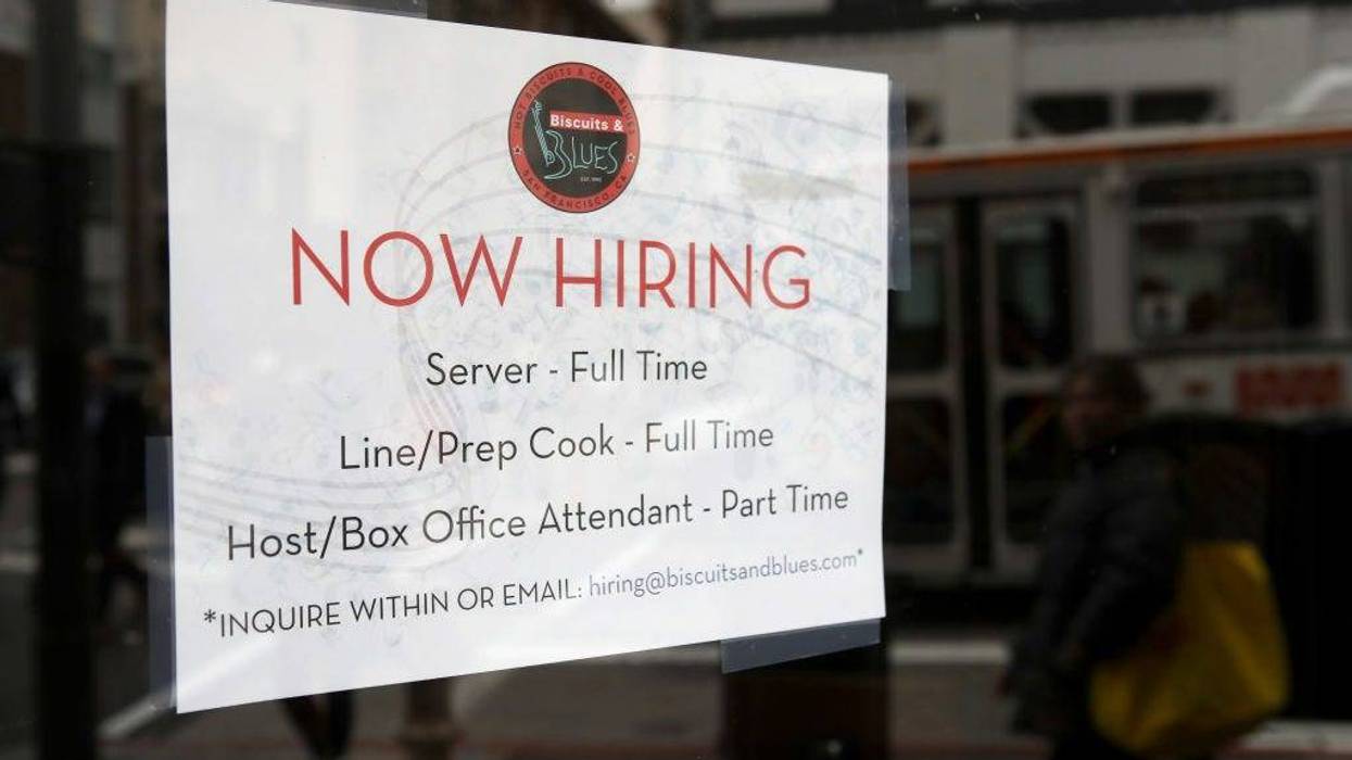 A now-hiring sign is posted at a restaurant on February 12, 2019 in San Francisco, California.