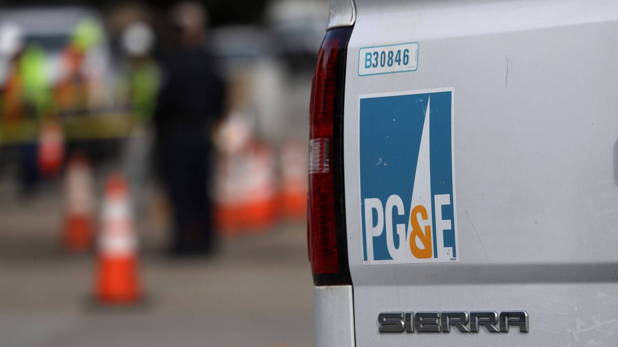 A Pacific Gas and Electric (PG&E) truck sits at the scene of a three-alarm fire that started after a construction crew hit a gas line on February 07, 2019 in San Francisco, California.