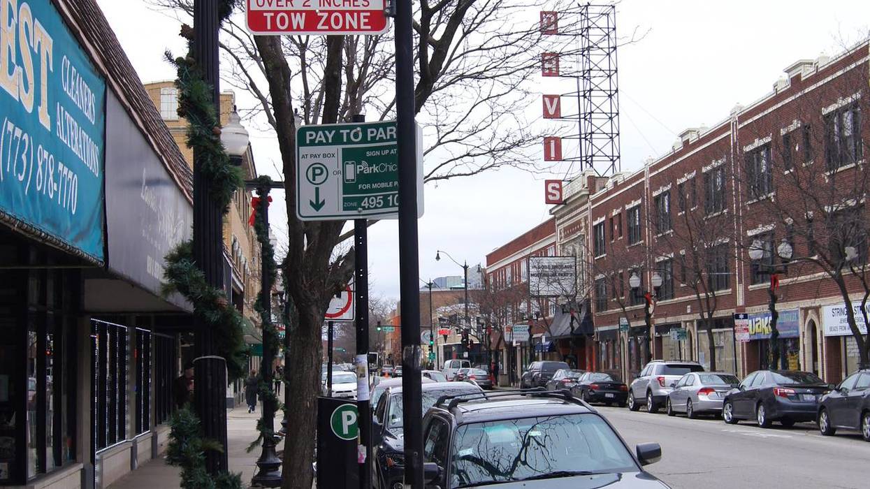 A parking meter box sits on Lincoln Avenue in Chicago's Lincoln Square neighborhood.