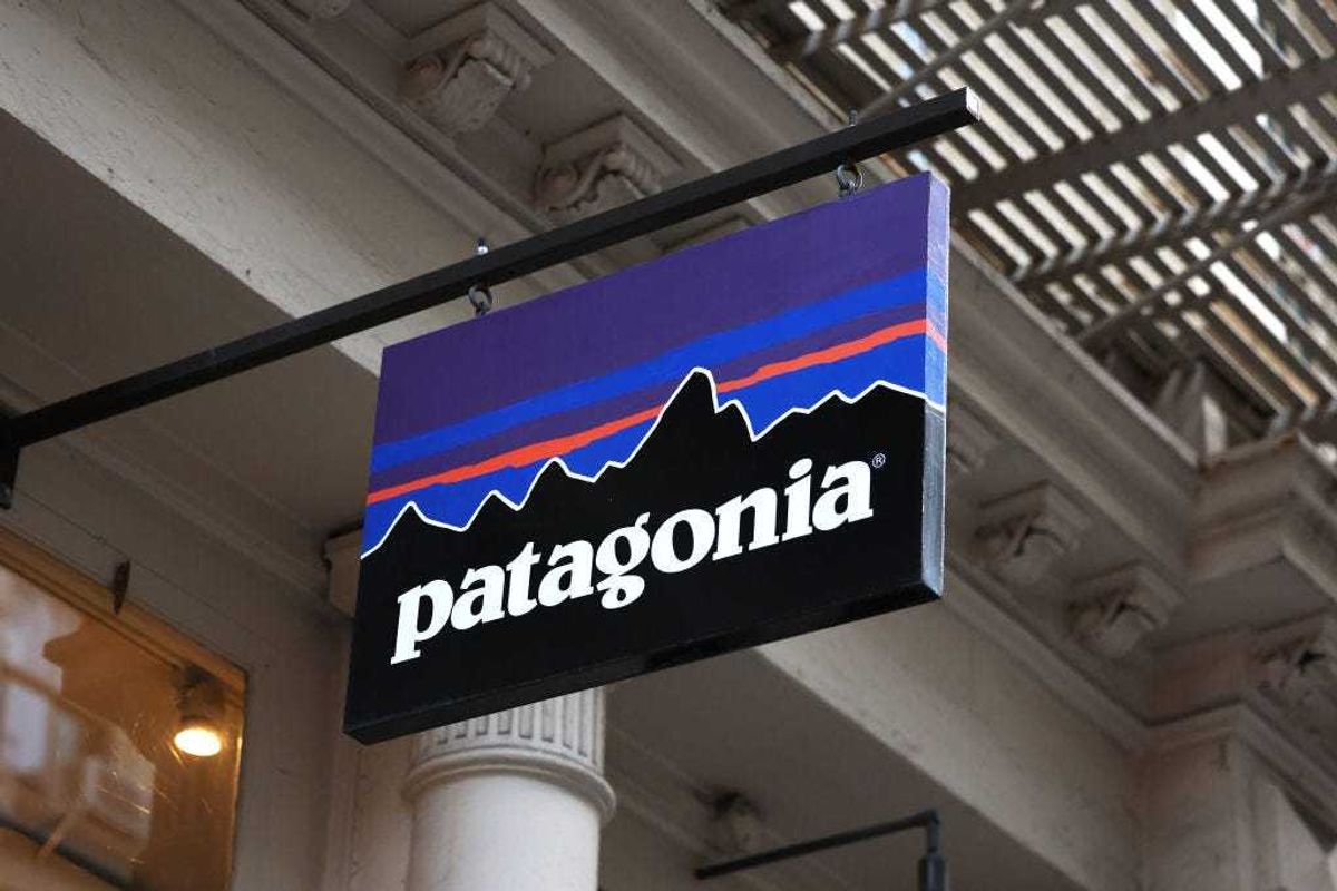 A Patagonia store signage is seen on Greene Street on September 14, 2022 in New York City. Yvon Chouinard, founder of Patagonia, his spouse and two adult children announced that they will be giving away the ownership of their company which is worth about $3 billion.