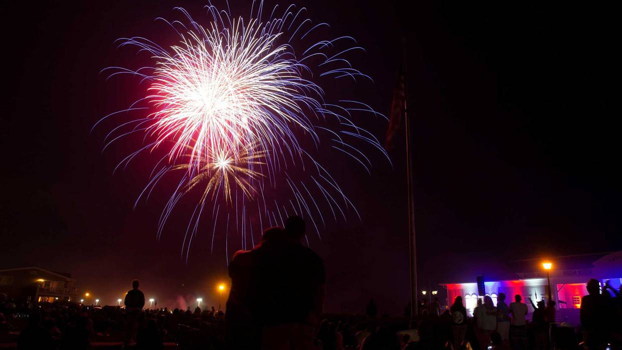 A patriotic light show and firework display takes place at the Taylor Pavilion to celebrate the Fourth of July in Belmar, New Jersey, on Saturday, July 6, 2024.