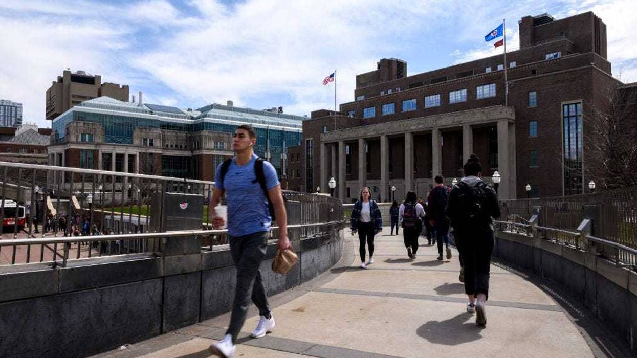 A pedestrian passes by on the University of Minnesota campus on April 9, 2019 in Minneapolis, Minnesota.