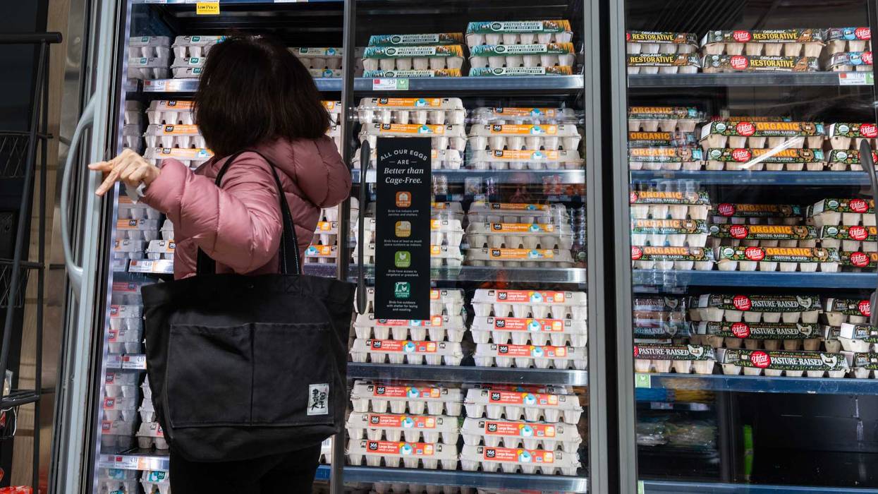 A person shops for eggs at a Whole Foods Market grocery store in New York City.