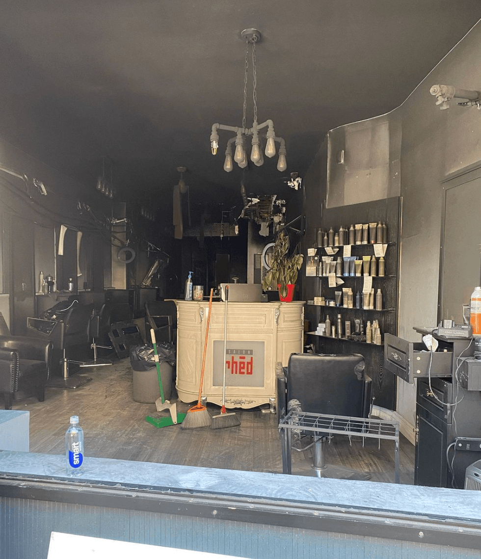 A photo of the hair salon after the fire posted on Salon Rhed