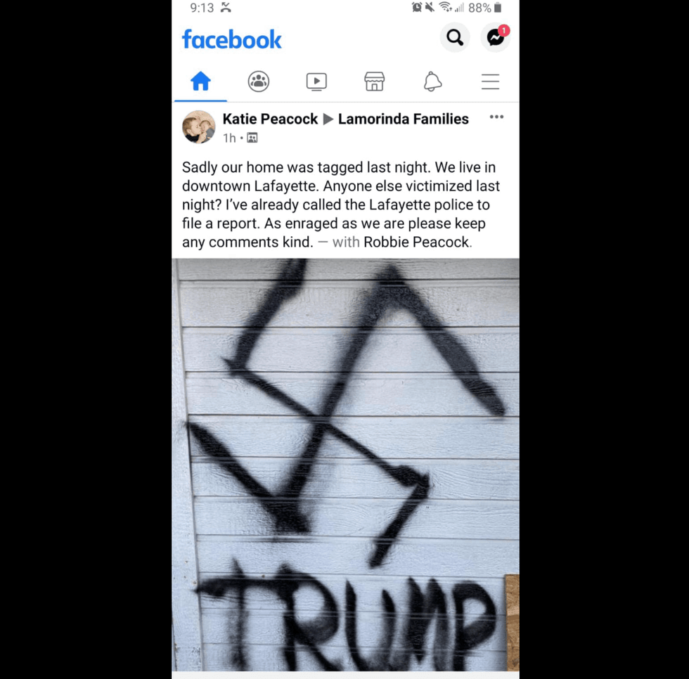 A photo of the vandalism, shared in a private Facebook group.