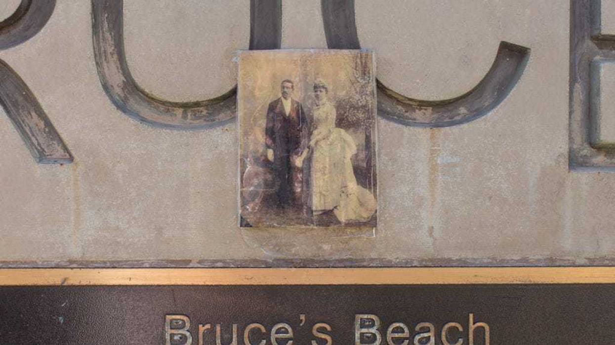 A photo of Willa and Charles Bruce was placed on the plaque at Bruces Beach in Manhattan Beach, California.