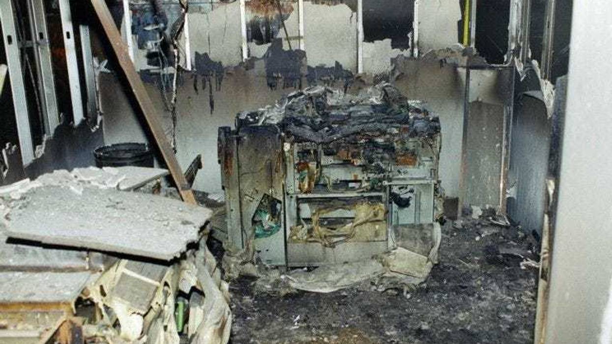 A photo provided by the FBI of damage to an office following an attack at the Pentagon on September 11, 2001.