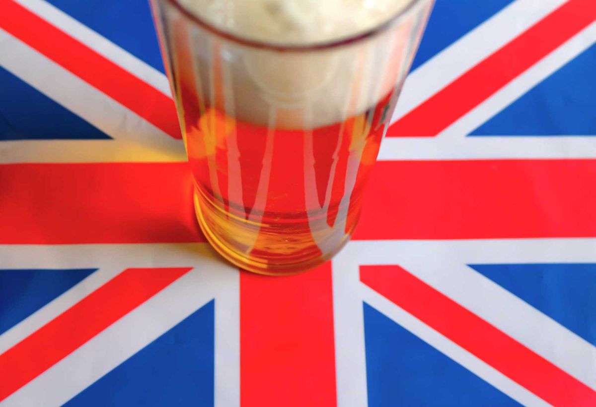 A pint of beer on a Union Jack flag.