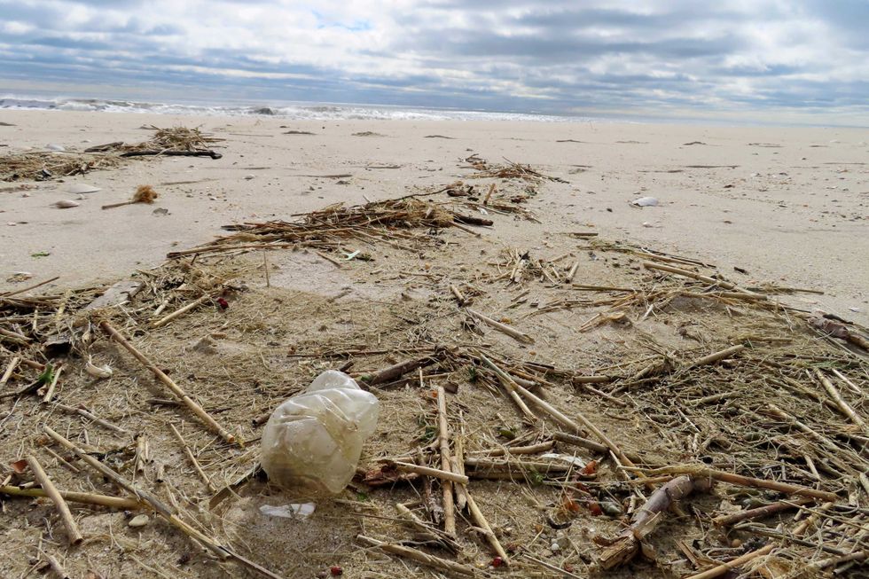 A plastic bag sits on the sand in Brick N.J. on Thursday, April 4, 2024, the day that the Clean Ocean Action Environmental Group released a report showing that volunteers picked up and disposed of 176,206 items of trash along New Jersey
