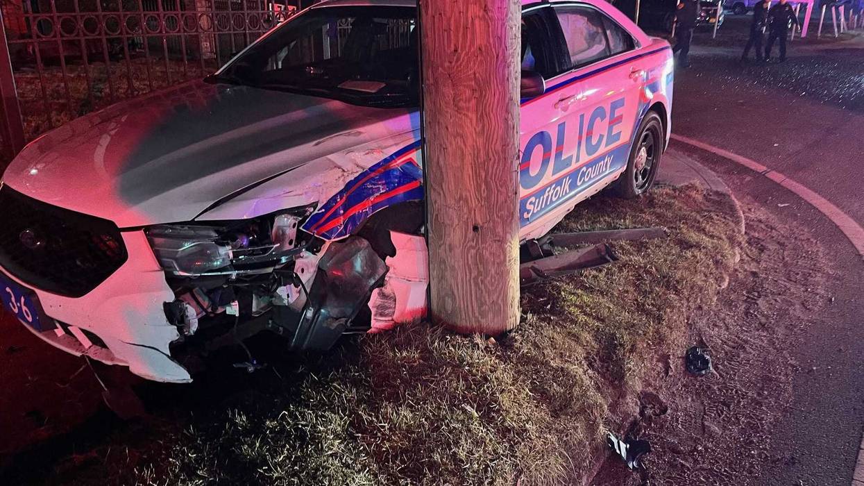 A police cruiser after the crash in Hauppauge