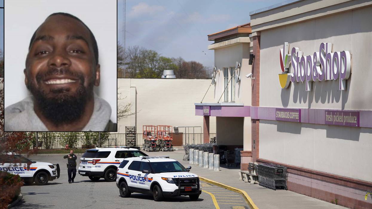 A policeman is seen outside a Stop & Shop grocery store where a shooting took place in West Hempstead, New York, the United States, on April 20, 2021