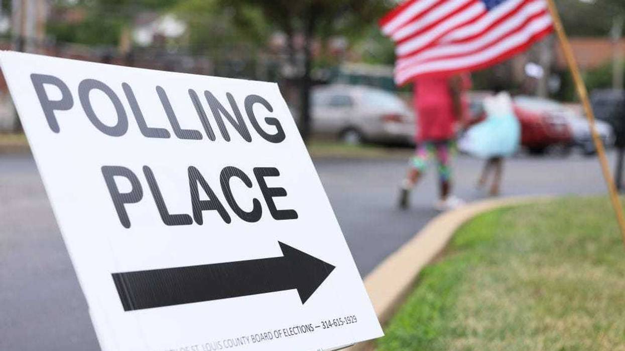A "Polling Place" sign is seen during Primary Election Day at Barack Obama Elementary School on August 02, 2022 in St Louis, Missouri.