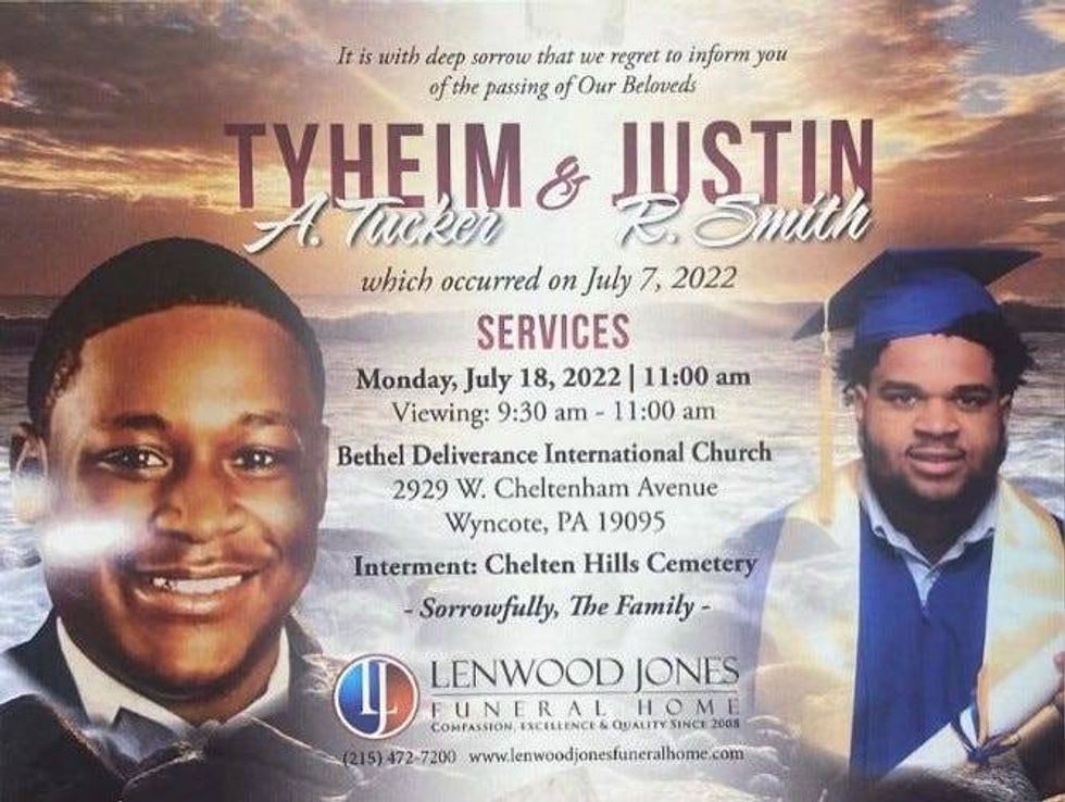 A postcard announcing funeral services for Tyheim Tucker and Justin Smith