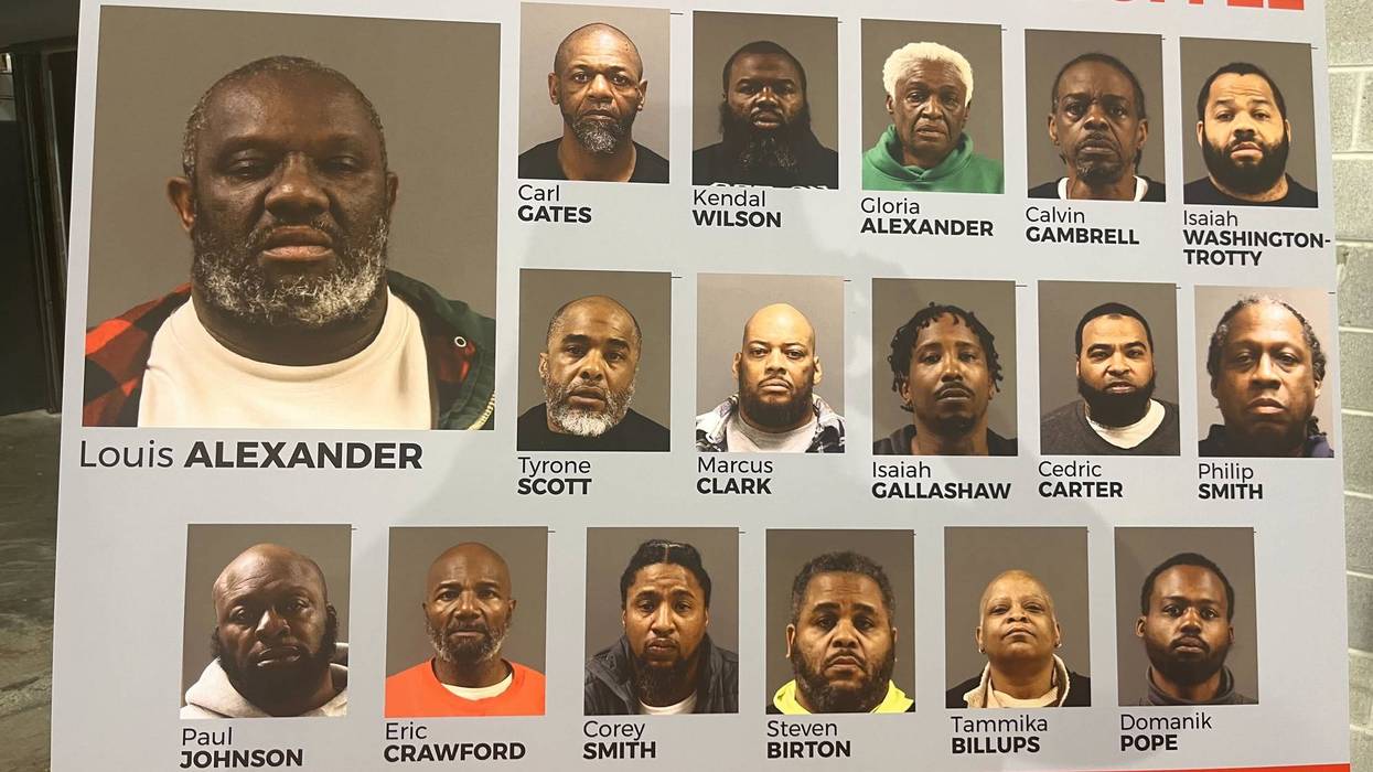 A poster board listing the participants in an alleged drug trafficking ring.