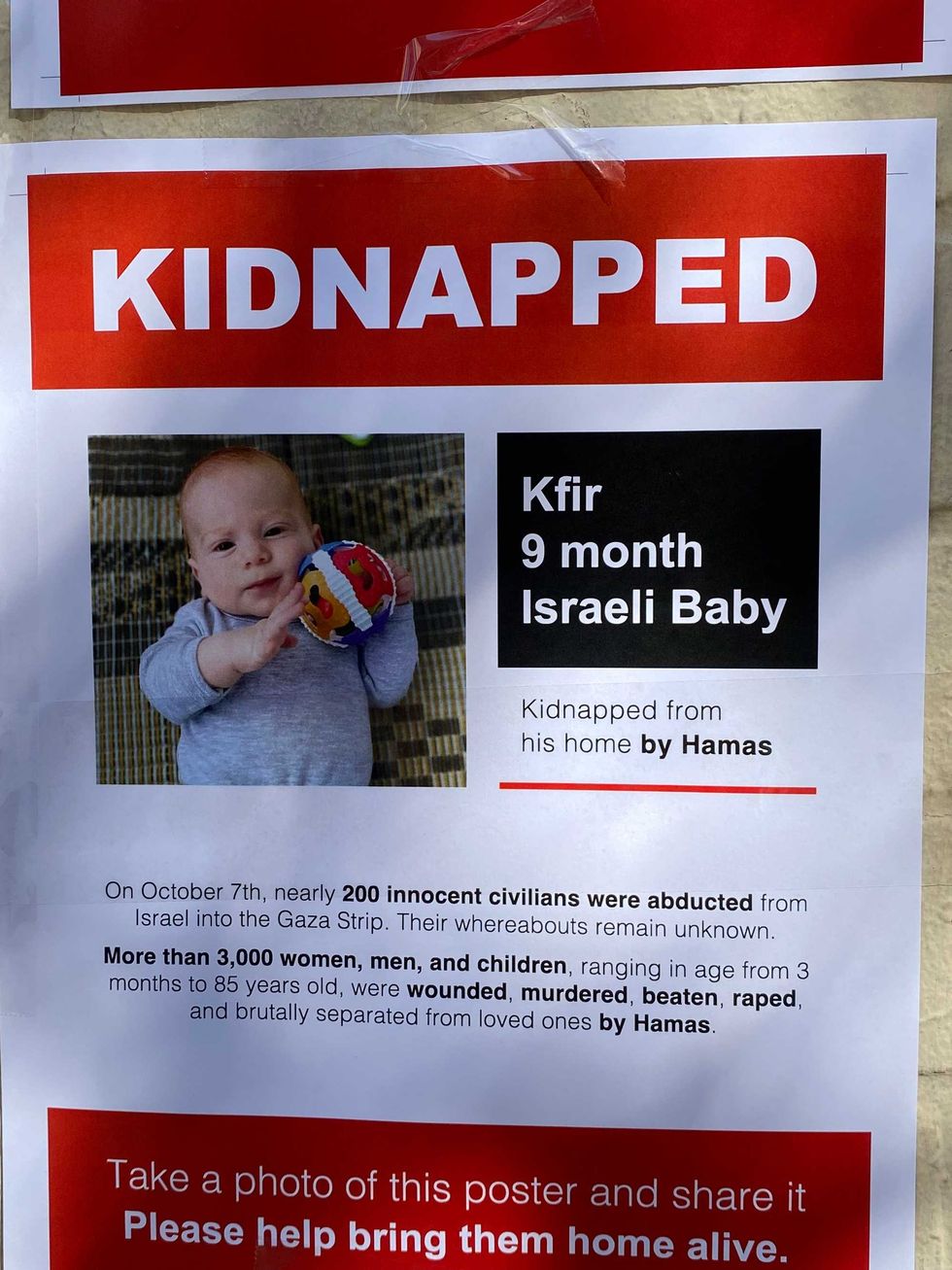 A poster on the Upper West Side shows a baby missing after Hamas