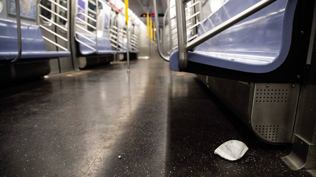 A protective mask is seen on an empty subway floor on April 28, 2020 in New York City.