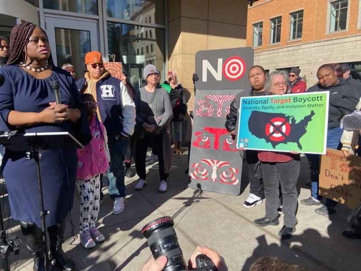 A protest including Nekima Levy Armstrong (left) was staged outside of Target headquarters in downtown Minneapolis after the company announced it's ending its diversity initiatives earlier this year.