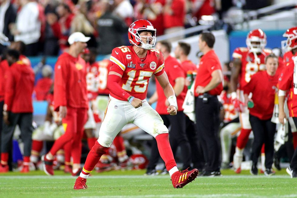 A pumped-up Patrick Mahomes after zinging a touchdown in Super Bowl LIV