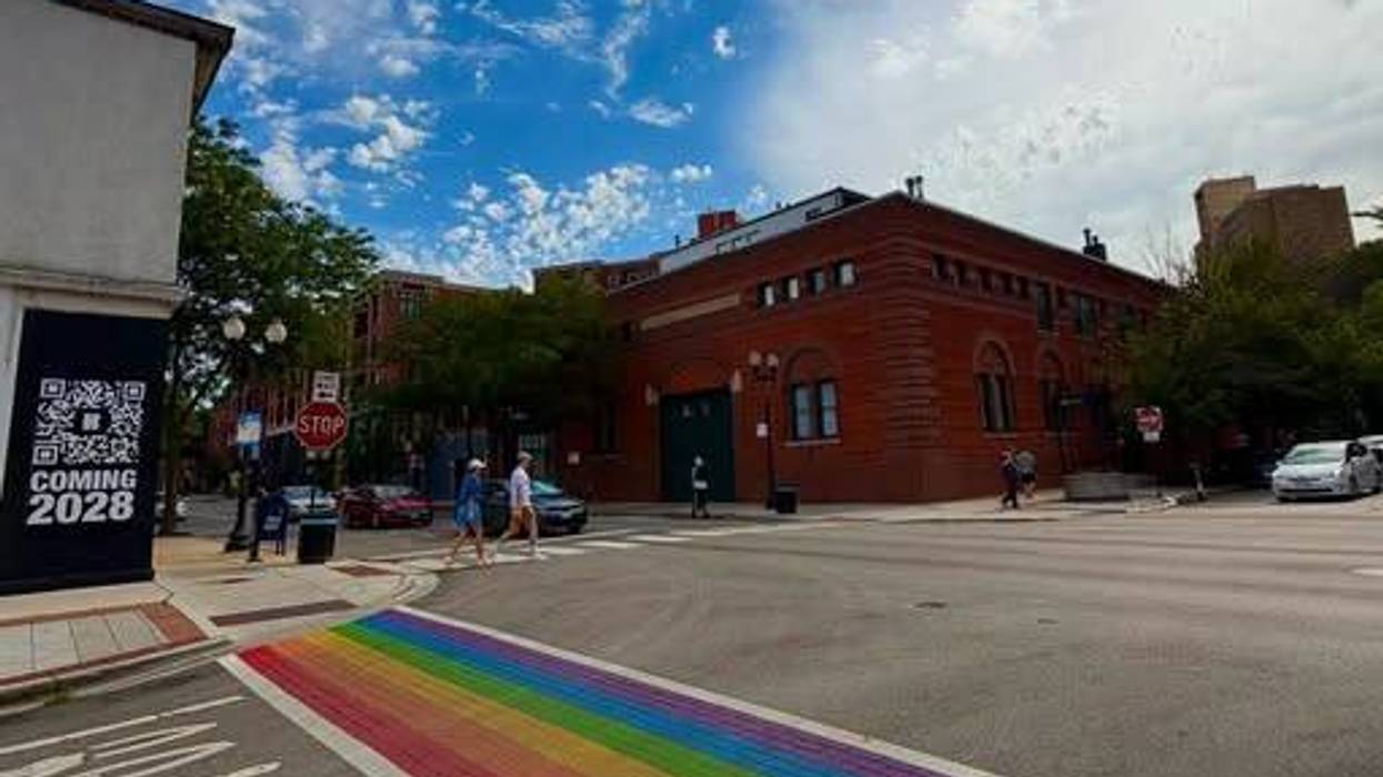 A rainbow crosswalk along Halsted St. in Chicago's Boystown neighborhood.