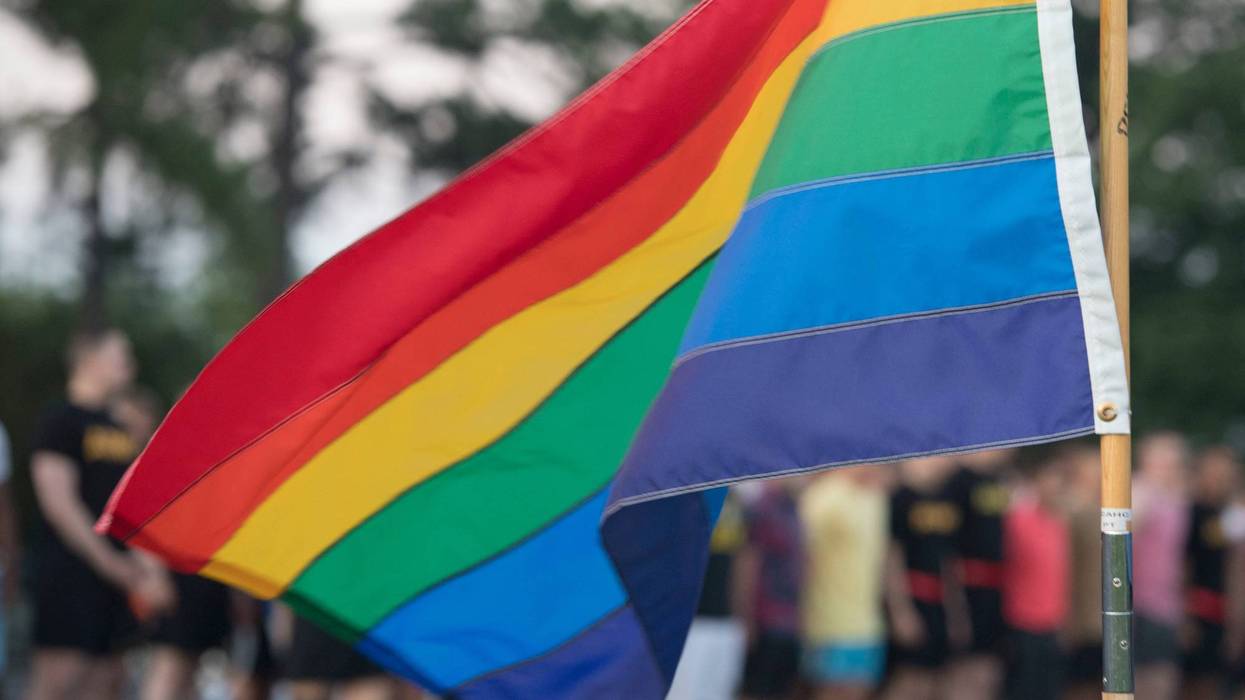 A rainbow flag waves at the starting line of a Pride Observance Month 5K run at Joint Base Langley-Eustis, Virginia, June 21, 2019.