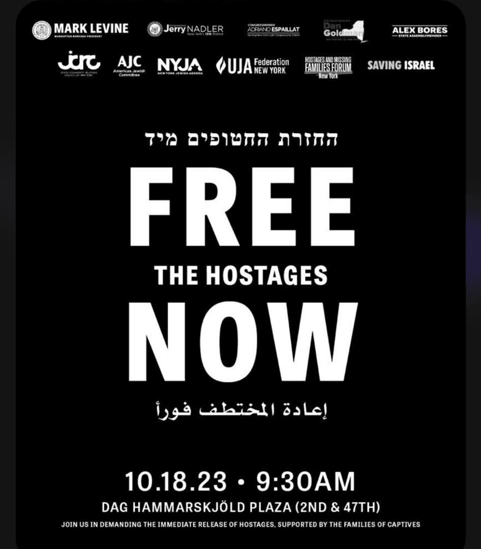 A rally was held in Dag Hammarskjold Plaza Wednesday morning to support freeing Israeli hostages captured by Hamas.