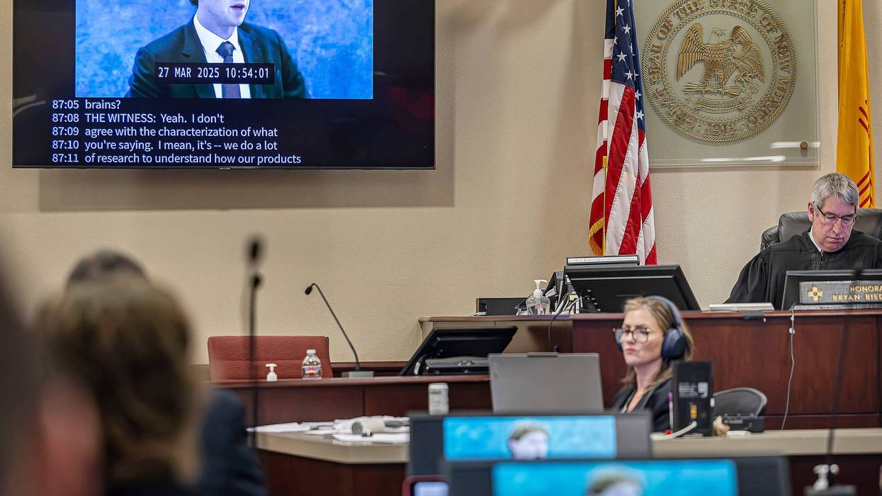 A recording of Meta Founder and CEO Mark Zuckerberg's deposition is played for the jurors on Wednesday, March 4, 2026, in Santa Fe, N.M.