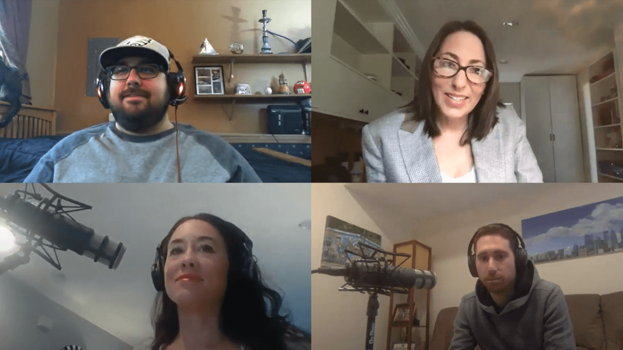 A recording of the podcast Dating Diaries: Quarantine Confessions, featuring hosts Andrea Gunning (lower left) and Ben Fetterman (lower right).